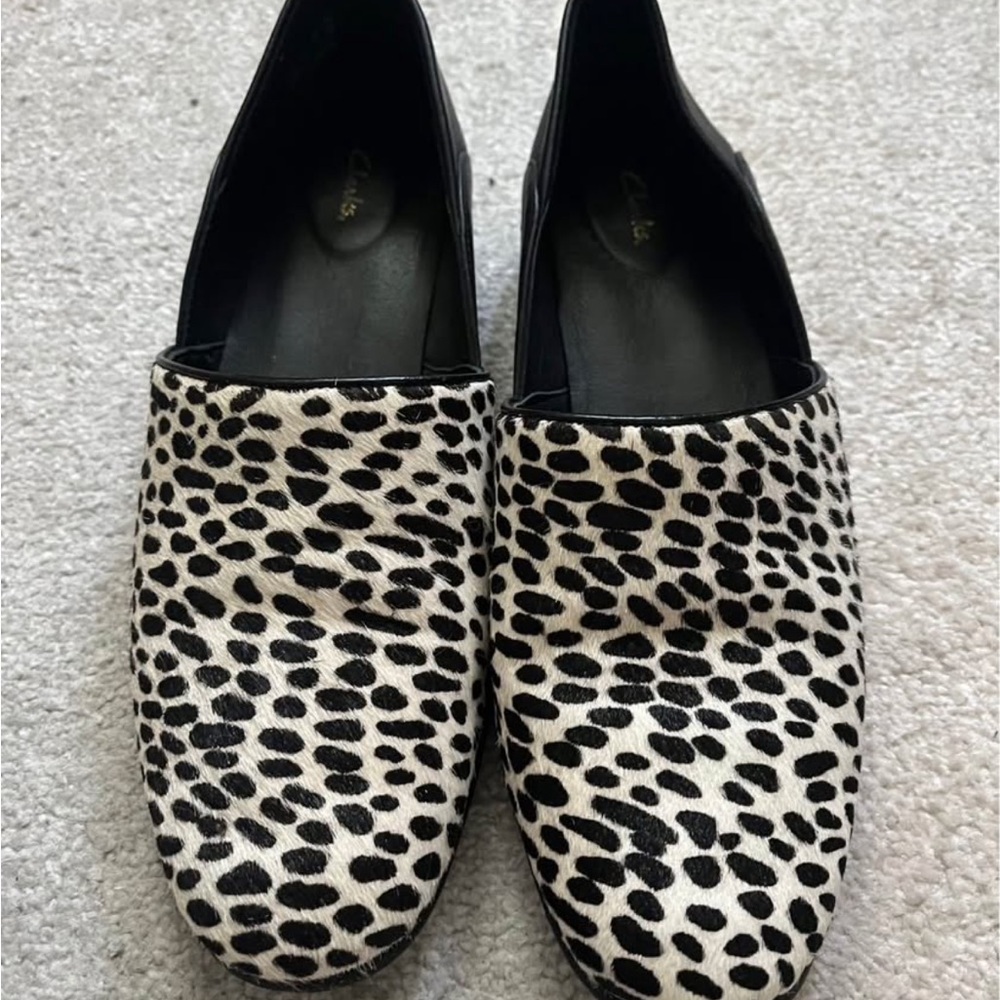 Clarks Black and White Animal Print Loafers
